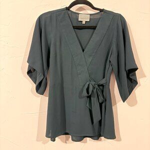 Skies Are Blue Wrap Blouse XS Teal Deep V-Neck Tie Waist Lightweight Flowy